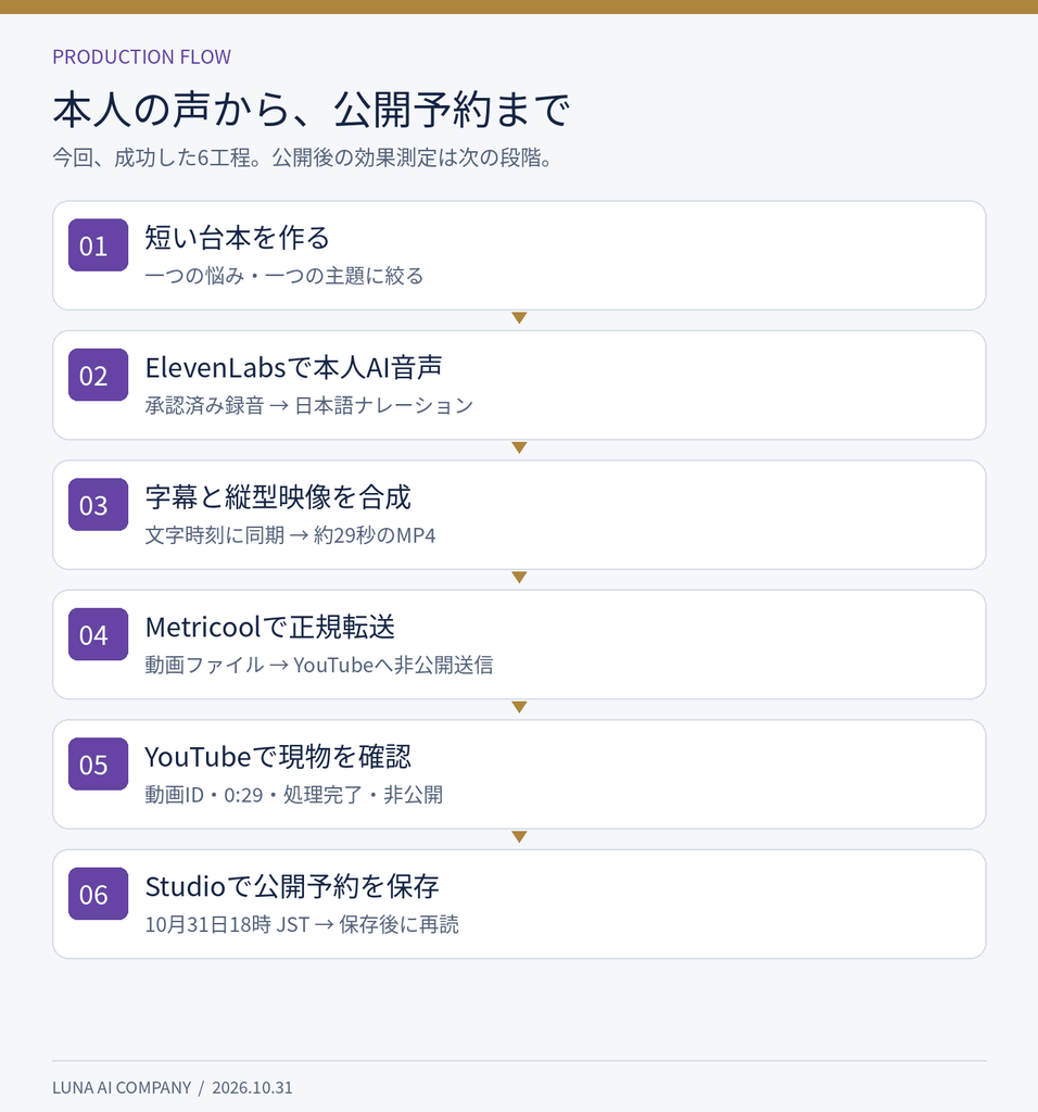 台本、ElevenLabs本人音声、字幕と縦型映像、Metricool正規転送、YouTube非公開確認、Studio公開予約の6工程