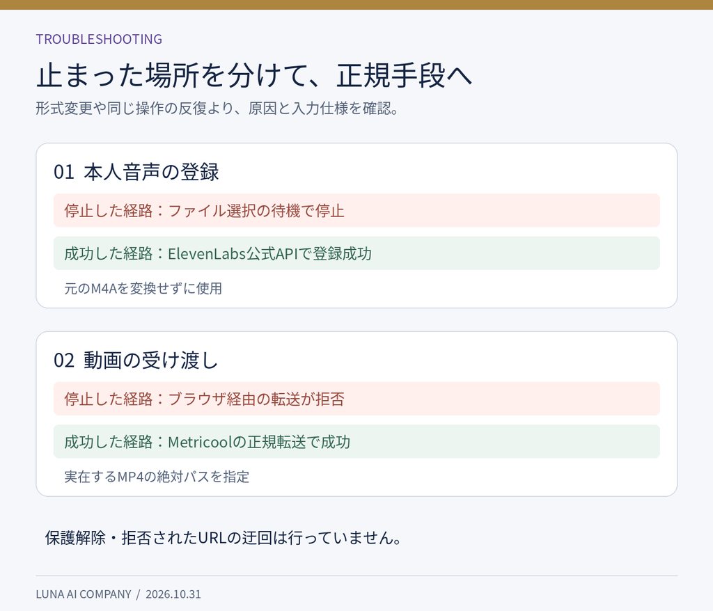 音声のファイル選択待機は公式API登録で解決、動画のブラウザ転送制限はMetricool正規ファイル転送で解決した比較図